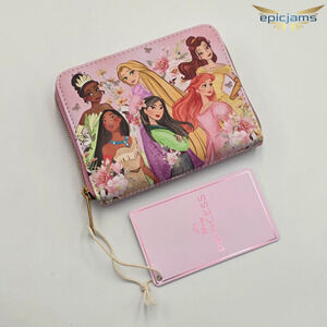 Loungefly Disney Princess Group Pink Floral Mini Zipper Wallet New